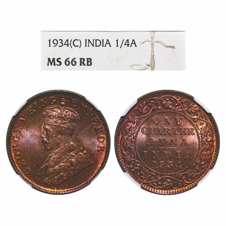 George V, Bronze, Quarter Anna, 1934, Calcutta Mint, No dot, Elephant-type. F. Prid 674. G