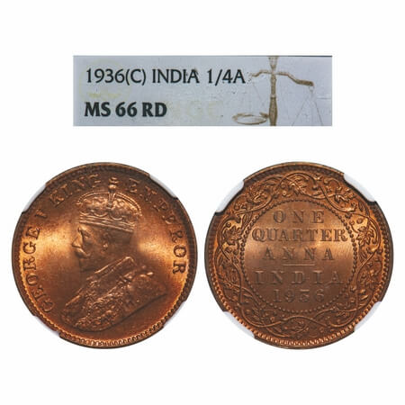 George V, Bronze, Quarter Anna, 1936, Calcutta Mint, No dot, Elephant-type. F. Prid 676. G