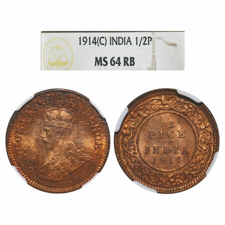 George V, Bronze, 1/2 Pice, 1914, Calcutta Mint, No mint mark. F. Prid 747. GK 1200. NGC S
