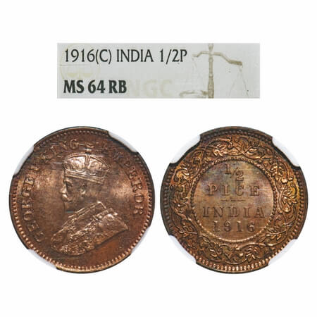 George V, Bronze, 1/2 Pice, 1916, Calcutta Mint, No mint mark. F. Prid 749. GK 1202. NGC S