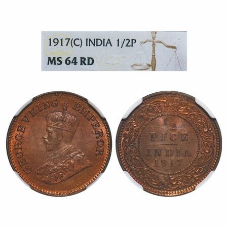 George V, Bronze, 1/2 Pice, 1917, Calcutta Mint, No mint mark. F. Prid 750. GK 1203. NGC S