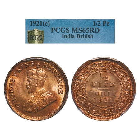George V, Bronze, 1/2 Pice, 1921, Calcutta Mint, No mint mark. F. Prid 754. GK 1207. PCGS 