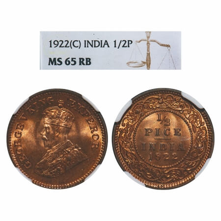 George V, Bronze, 1/2 Pice, 1922, Calcutta Mint, No mint mark. F. Prid 755. GK 1208. NGC S