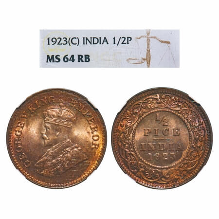 George V, Bronze, 1/2 Pice, 1923, Calcutta Mint, No mint mark. F. Prid 756. GK 1209. NGC S