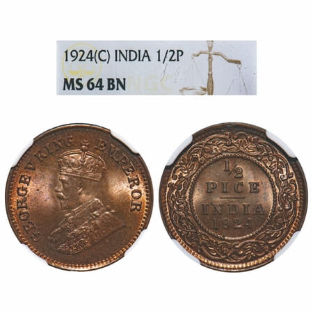 George V, Bronze, 1/2 Pice, 1924, Calcutta Mint, No mint mark. F. Prid 757. GK 1210. NGC S