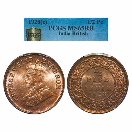 George V, Bronze, 1/2 Pice, 1928, Calcutta Mint, No mint mark. F. Prid 761. GK 1214. PCGS 