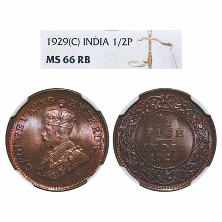 George V, Bronze, 1/2 Pice, 1929, Calcutta Mint, No mint mark. F. Prid 762. GK 1215. NGC S