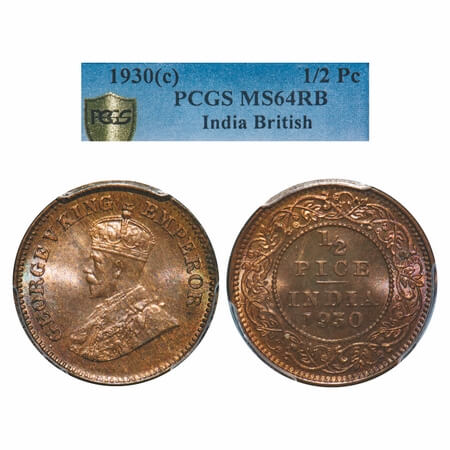 George V, Bronze, 1/2 Pice, 1930, Calcutta Mint, No mint mark. F. Prid 763. GK 1216. PCGS