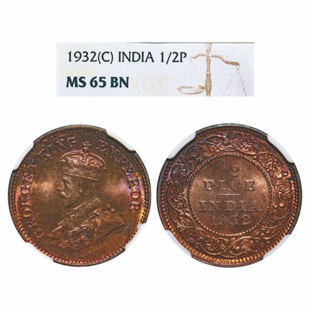 George V, Bronze, 1/2 Pice, 1932, Calcutta Mint, No mint mark. F. Prid 765. GK 1218. NGC S