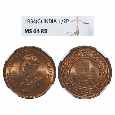 George V, Bronze, 1/2 Pice, 1934, Calcutta Mint, No mint mark. F. Prid 767. GK 1220. NGC S