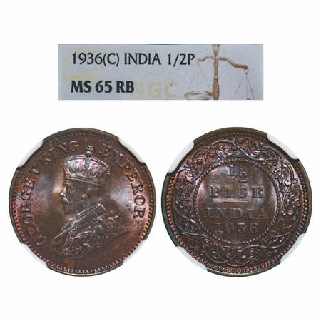 George V, Bronze, 1/2 Pice, 1936, Calcutta Mint, No mint mark. F. Prid 769. GK 1222. NGC S
