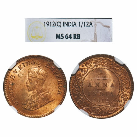 George V, Bronze, 1/12 Anna, 1912, Calcutta Mint, No dot. F. Prid 827. GK 1223. NGC Slabbe
