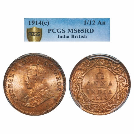 George V, Bronze, 1/12 Anna, 1914, Calcutta Mint, No dot. F. Prid 829. GK 1225. PCGS Slabb