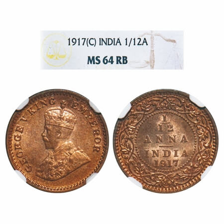 George V, Bronze, 1/12 Anna, 1917, Calcutta Mint, No dot. F. Prid 832. GK 1228. NGC Slabbe