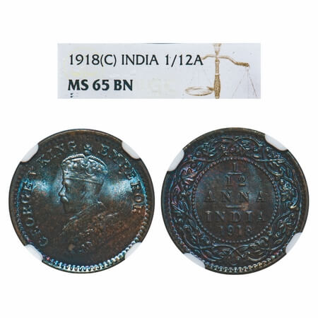 George V, Bronze, 1/12 Anna, 1918, Calcutta Mint, No dot. F. Prid 833. GK 1229. NGC Slabbe