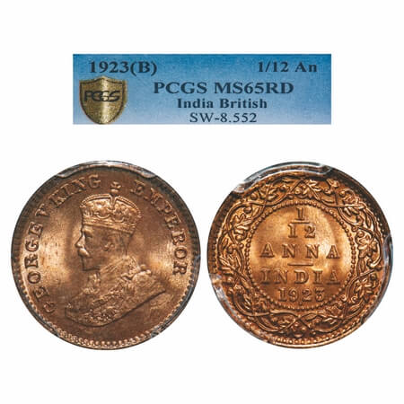 George V, Bronze, 1/12 Anna, 1923, Bombay Mint, Dot. F. Prid 851. GK 1233. PCGS Slabbed MS