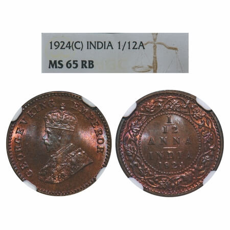 George V, Bronze, 1/12 Anna, 1924, Calcutta Mint, No dot. F. Prid 838. GK 1236. NGC Slabbe