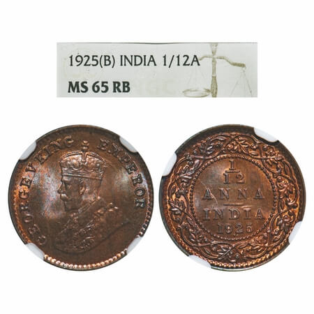 George V, Bronze, 1/12 Anna, 1925, Bombay Mint, Dot. F. Prid 853. GK 1237. NGC Slabbed MS 