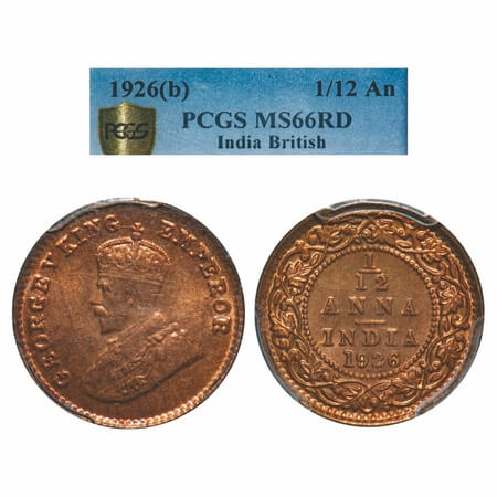 George V, Bronze, 1/12 Anna, 1926, Bombay Mint, Dot. F. Prid 854. GK 1239. PCGS Slabbed MS
