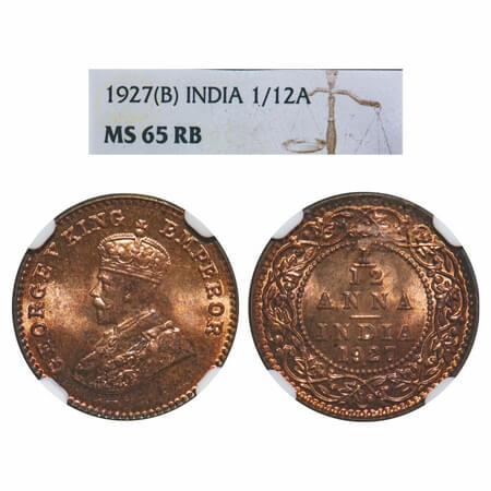George V, Bronze, 1/12 Anna, 1927, Bombay Mint, Dot. F. Prid 855. GK 1241. NGC Slabbed MS 