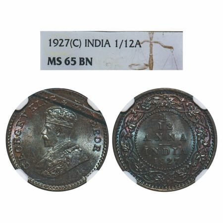 George V, Bronze, 1/12 Anna, 1927, Calcutta Mint, No dot, Slab has a crack on Obv side. F.