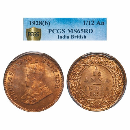 George V, Bronze, 1/12 Anna, 1928, Bombay Mint, Dot. F. Prid 856. GK 1243. PCGS Slabbed MS