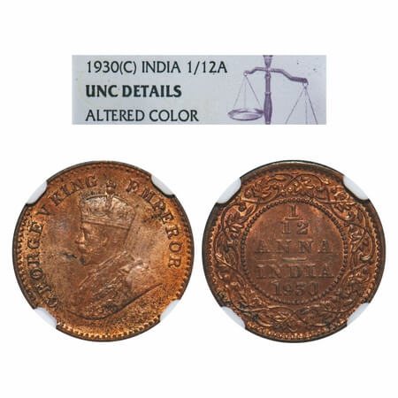 George V, Bronze, 1/12 Anna, 1930, Calcutta Mint, No dot. F. Prid 844. GK 1246. NGC Slabbe