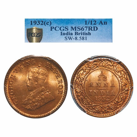 George V, Bronze, 1/12 Anna, 1932, Calcutta Mint, No dot. F. Prid 846. GK 1248. PCGS Slabb