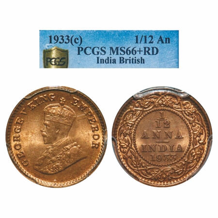 George V, Bronze, 1/12 Anna, 1933, Calcutta Mint, No dot. F. Prid 847. GK 1249. PCGS Slabb