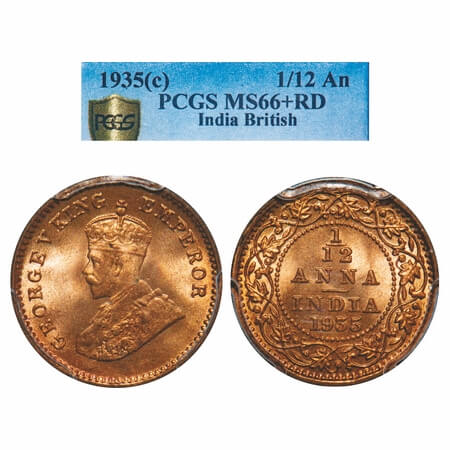 George V, Bronze, 1/12 Anna, 1935, Calcutta Mint, No dot. F. Prid 849. GK 1251. PCGS Slabb