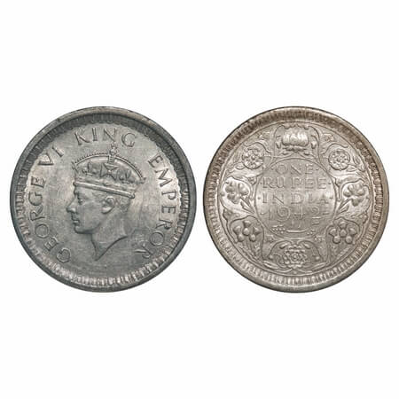 George VI, Half Silver, Rupee, 1942, Bombay Mint, B/II, Diamond, Security edge. F. Prid 24