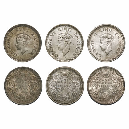George VI, Half Silver, Rupee, 1943, (3 coins), Bombay Mint, 1) B(a)/II, Diamond, security