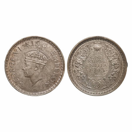 George VI, Half Silver, Rupee, 1943, Bombay Mint, A(b)/III, Diamond, Security edge, Large 