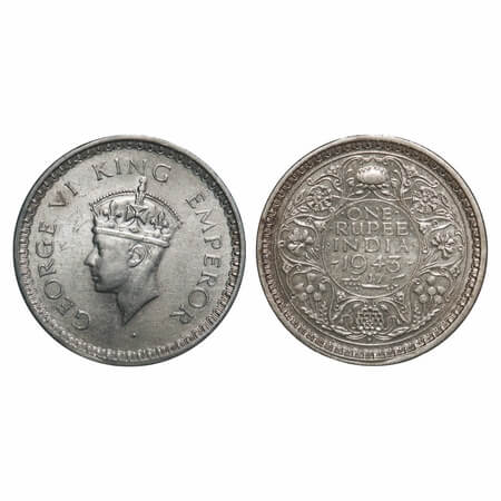 George VI, Half Silver, Rupee, 1943, Bombay Mint, C/III, Diamond, Security edge, Large 3. 