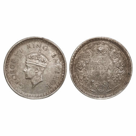 George VI, Half Silver, Rupee, 1944, Bombay Mint, B(a)/III, Diamond, Security edge. F. Pri
