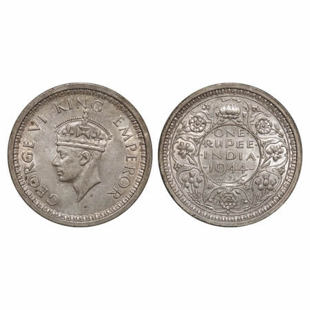 George VI, Half Silver, Rupee, 1944, Bombay Mint, D/II, Dot, Security edge. F. Prid 245. G