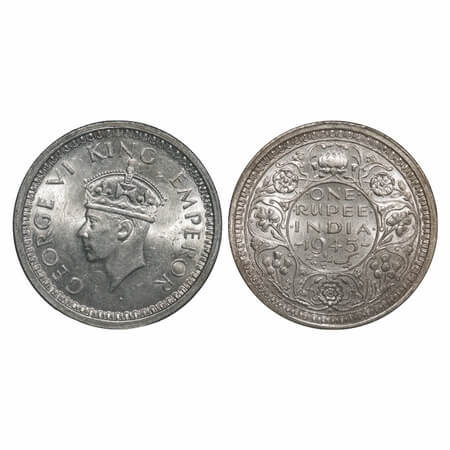 George VI, Half Silver, Rupee, 1945, Bombay Mint, D/II, Dot, Security edge, Normal 5. F. P
