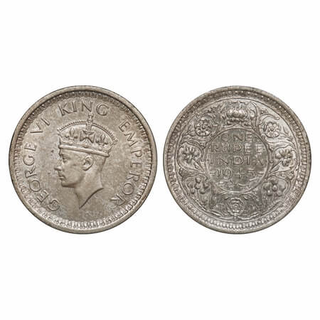 George VI, Half Silver, Rupee, 1945, Lahore Mint, D/II, 'L' raised, Security edge, Normal 