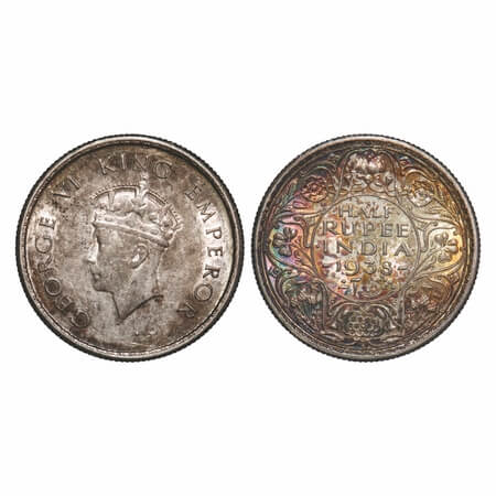 George VI, Silver, Half Rupee, 1938, Bombay Mint, A/I, Dot, Head Type I, Milled edge. F. P