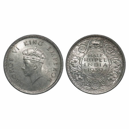 George VI, Silver, Half Rupee, 1939, Bombay Mint, A/I, Dot, Head Type I, Milled edge. F. P