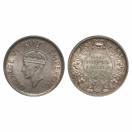 George VI, Silver, Half Rupee, 1939, Bombay Mint, A(a)/I, Dot, Head Type II, Milled edge. 