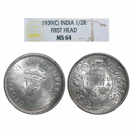 George VI, Silver, Half Rupee, 1939, Calcutta Mint, A/I, No dot, Head Type I, Milled edge.