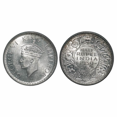 George VI, Silver, Half Rupee, 1939, Calcutta Mint, A(a)/I, No dot, Head Type II, Milled e