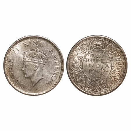 George VI, Half Silver, Half Rupee, 1940, Calcutta Mint, A(a)/I, No dot, Head Type II, Mil