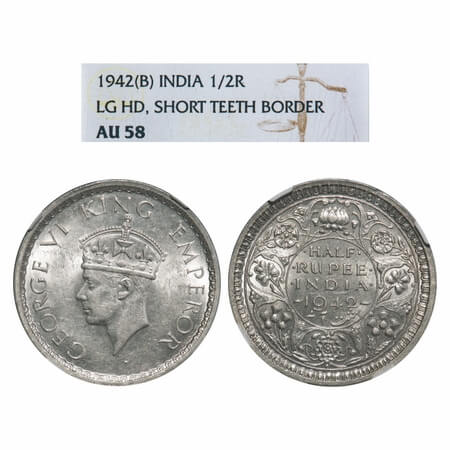 George VI, Half Silver, Half Rupee, 1942, Bombay Mint, A(a)/II, Mule, Dot, Head Type II, S