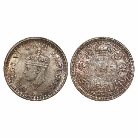 George VI, Half Silver, Half Rupee, 1942, Bombay Mint, B/II, Dot, Head Type II, Security e