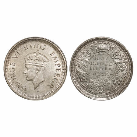 George VI, Half Silver, Half Rupee, 1943, Bombay Mint, B/II, Dot, Head Type II, Security e