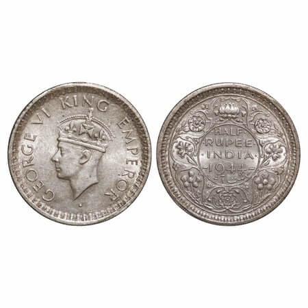 George VI, Half Silver, Half Rupee, 1944, Lahore Mint, B/II, 'L' raised, Head Type II, Sec