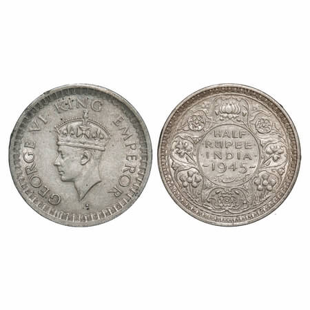 George VI, Half Silver, Half Rupee, 1945, Bombay Mint, B/II, Dot, Head Type II, Security e