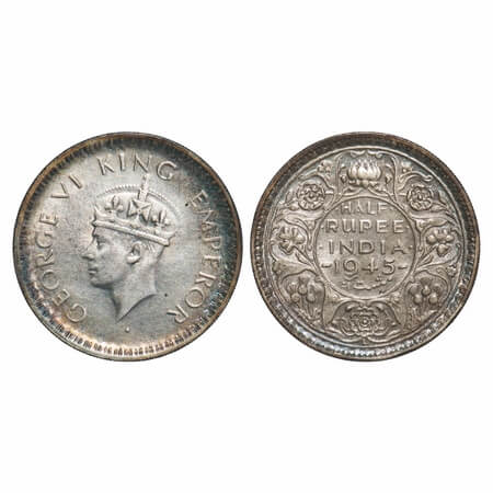 George VI, Half Silver, Half Rupee, 1945, Lahore Mint, B/II, 'L' raised, Head Type II, Sec